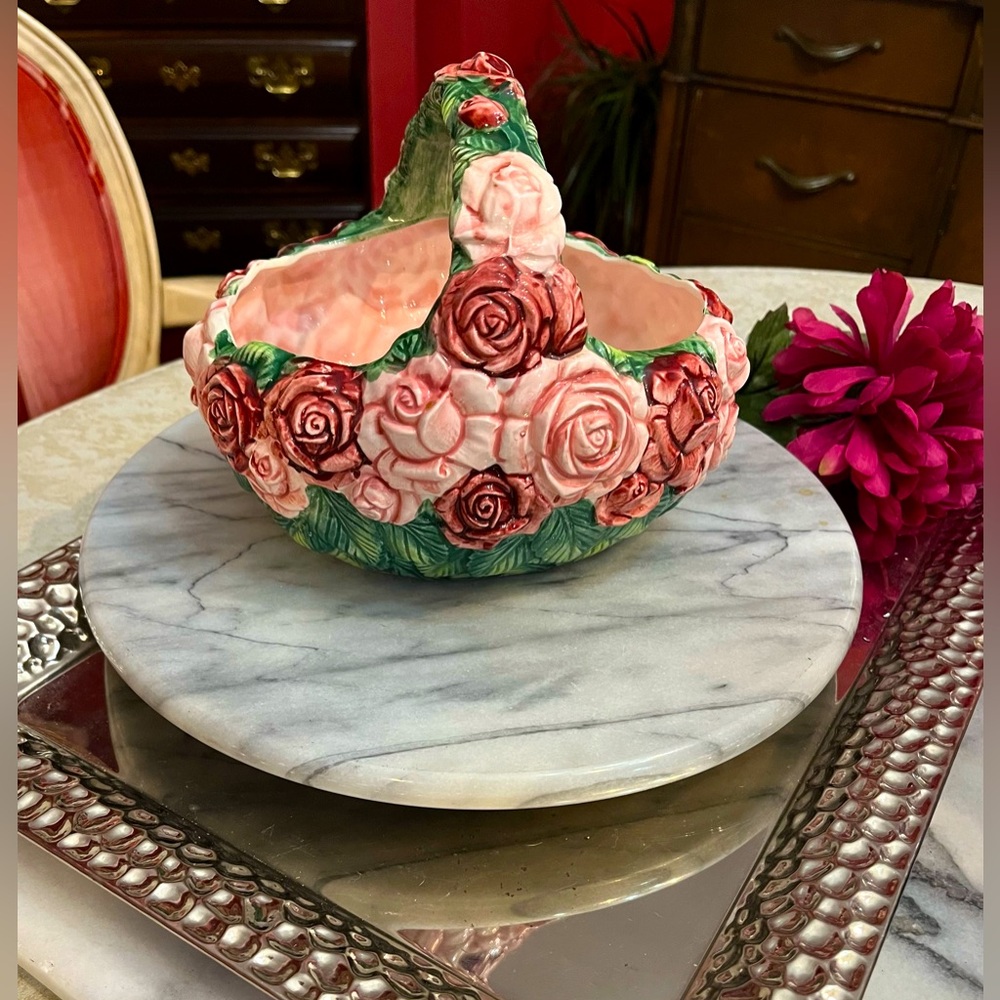 Vintage Haldon Group Pink Rose Ceramic Basket 1987 Made in Japan